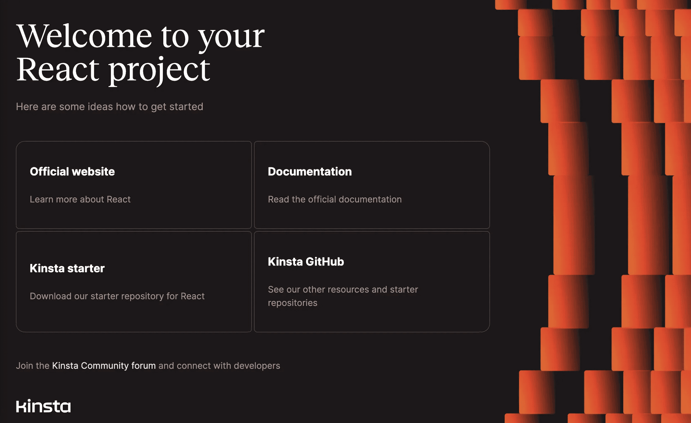 Reactのデプロイ完了後に表示されるKinstaのウェルカムページ