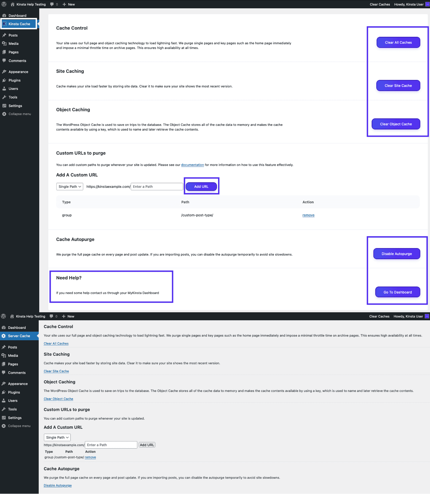 Antes e depois da etiqueta branca do plugin Kinsta MU no painel WordPress.