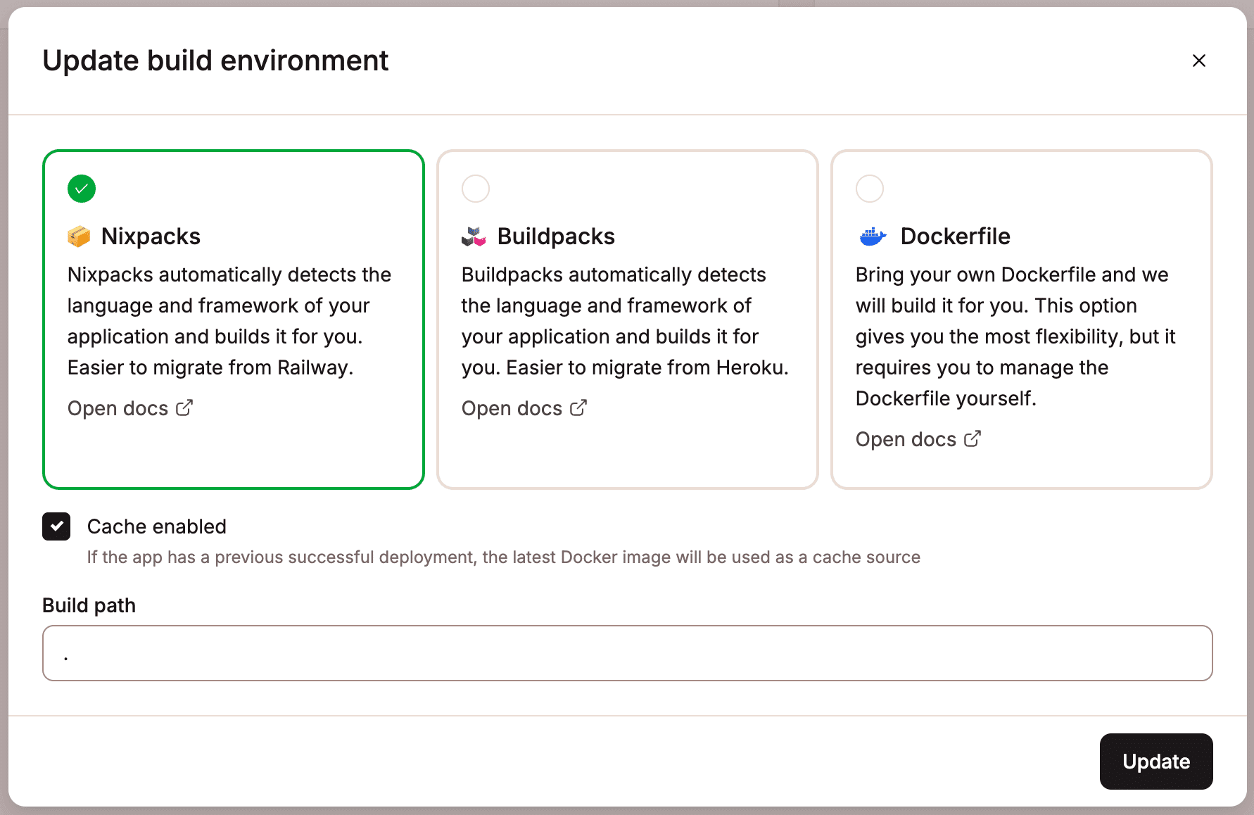 Select Nixpacks for your build environment.