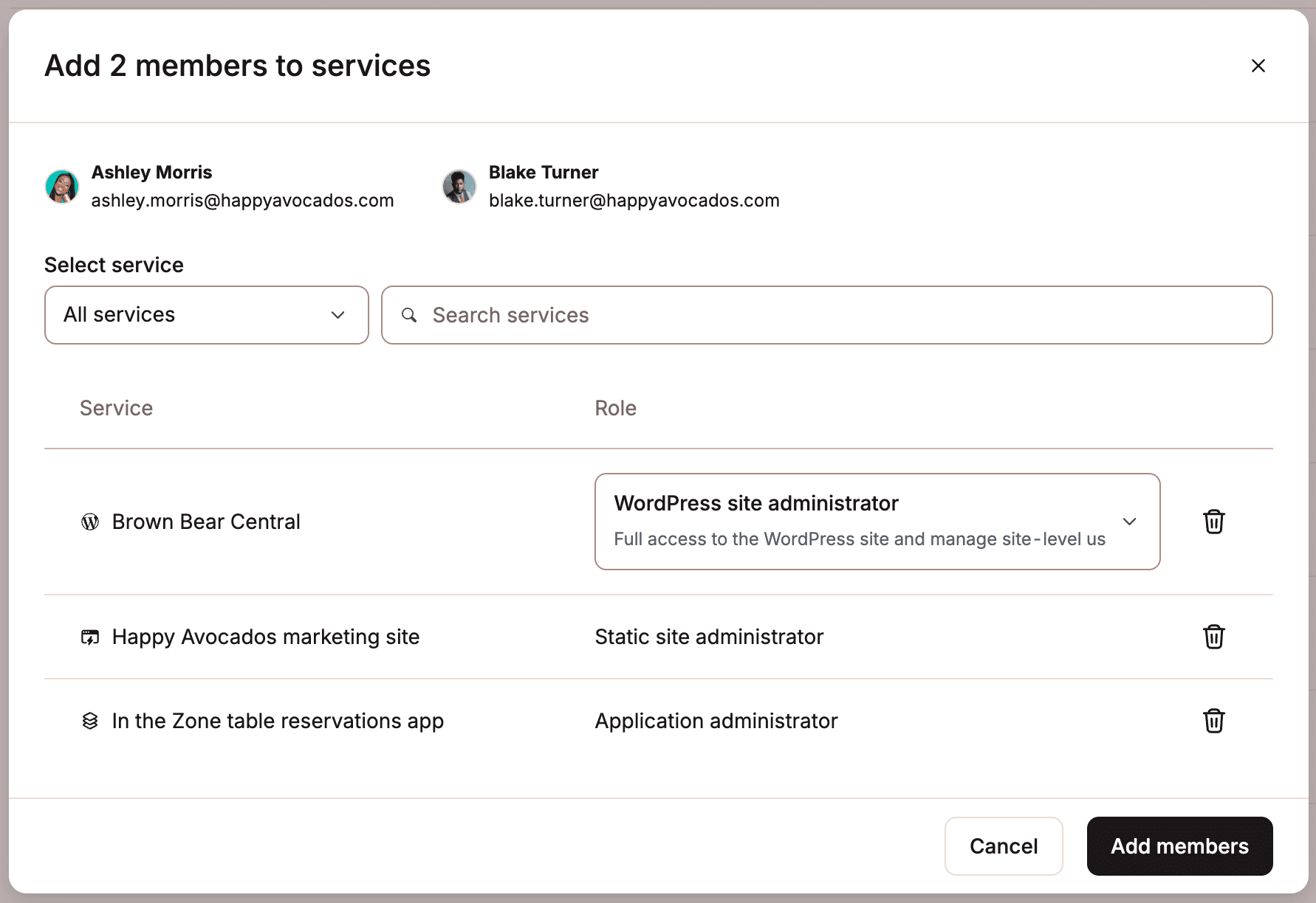 Click Add members to confirm the users you're adding to your service(s).