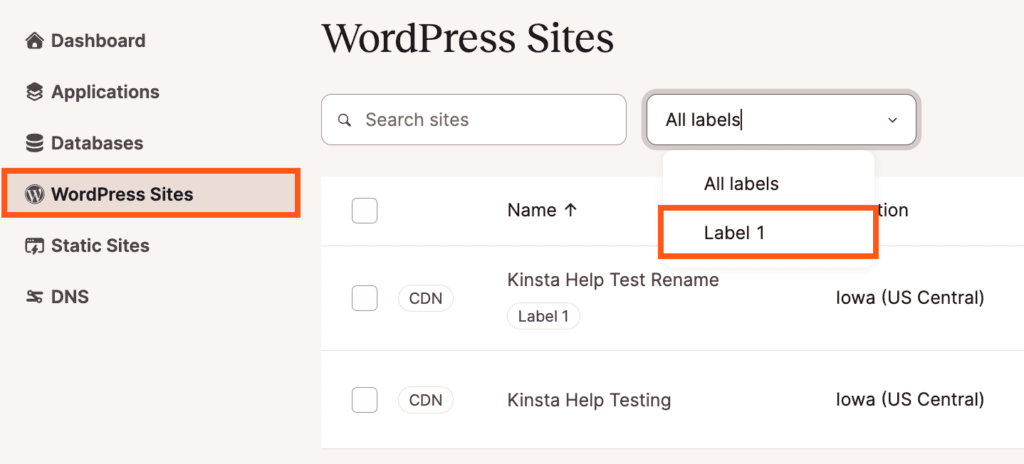 Filter nach Website-Label in MyKinsta