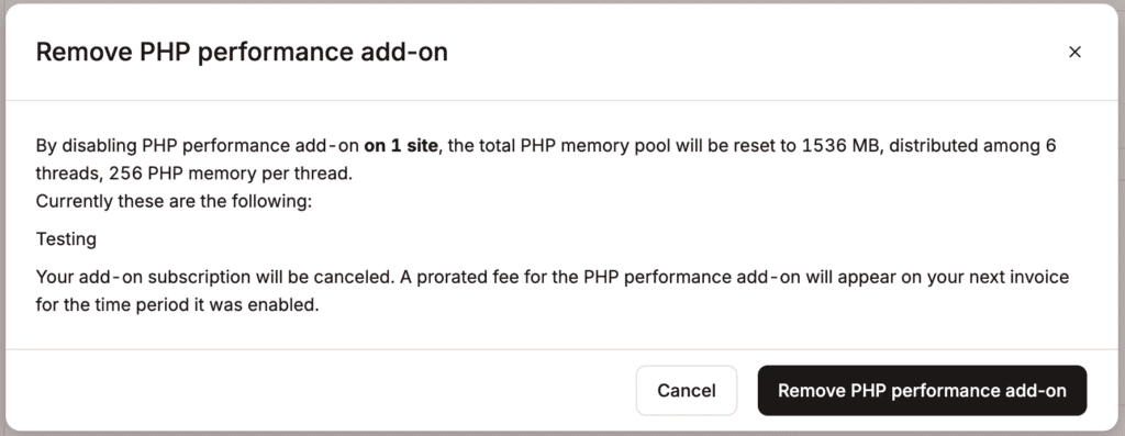 Confermare la rimozione dell'add-on Prestazioni PHP da tutti i siti. 