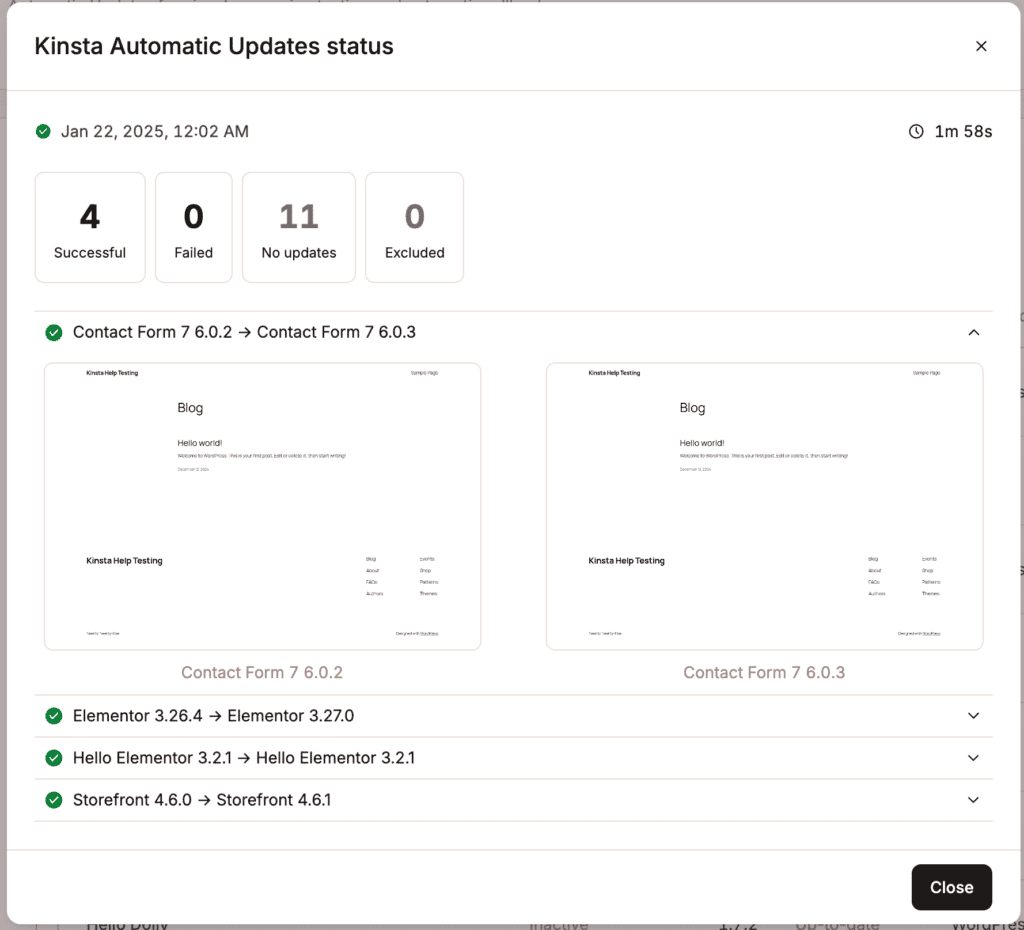 Dettagli sugli aggiornamenti installati da Aggiornamenti automatici di Kinsta.