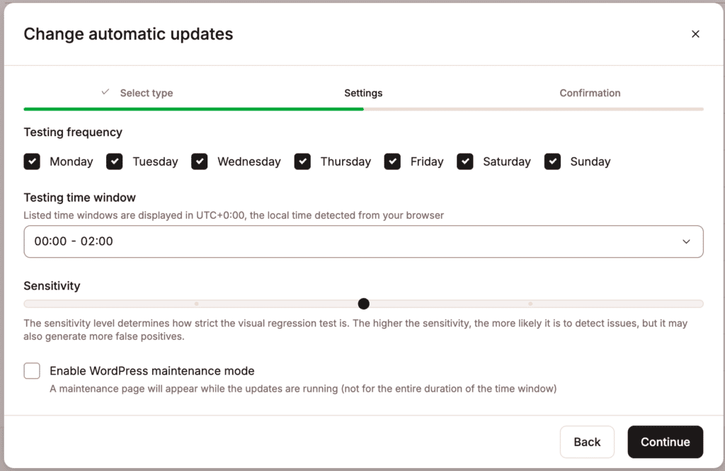 Selecione as opções necessárias para as configurações de atualização automática.