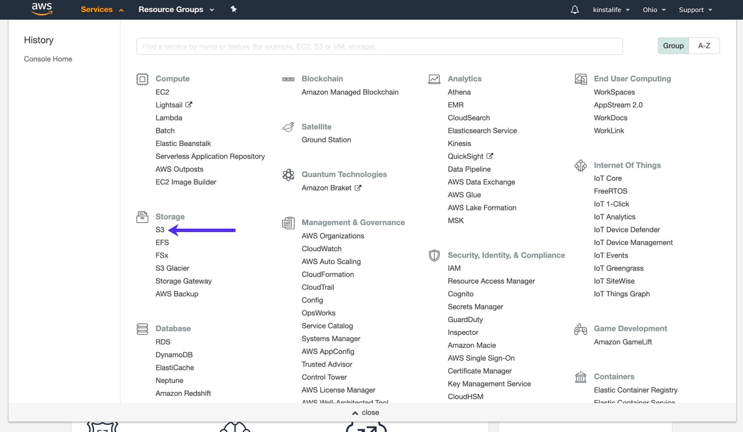Select S3 under Services > Storage to begin creating an Amazon S3 bucket. Selecteer S3 onder Services > Storage om te beginnen met het maken van een Amazon S3 bucket.