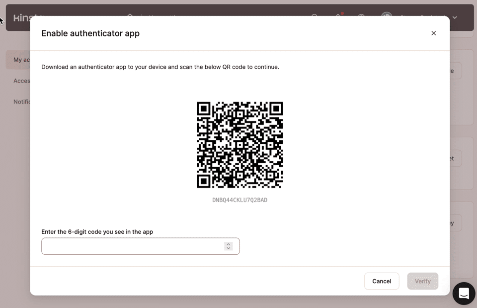 Ein Screenshot, der einen QR-Code zeigt, mit dem MyKista mit einer Authentifizierungs-Anwendung für 2FA verbunden wird.