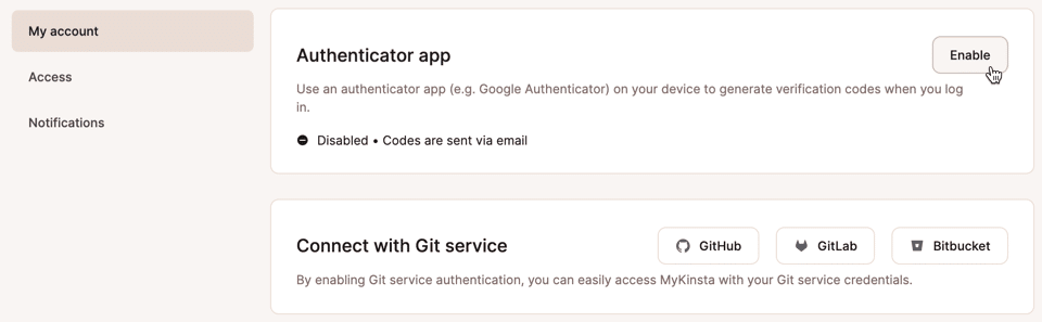 Ein Screenshot der Seite „Meine Konten“ in MyKinsta, wo eine Authentifizierungs-App aktiviert werden kann.